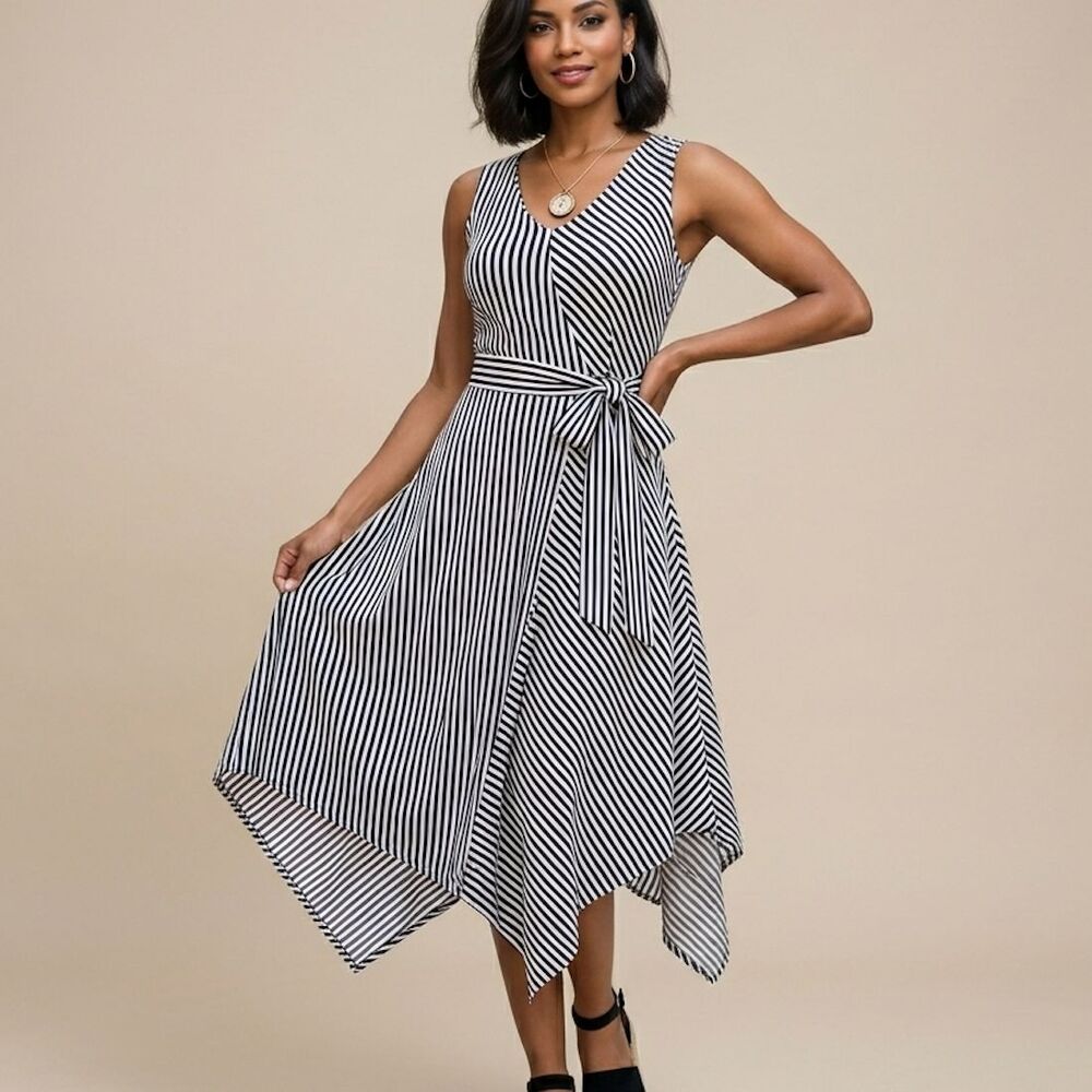Elena Wang Asymmetrical Stripe Dress Size Small Cotton Nautical Coastal Resort